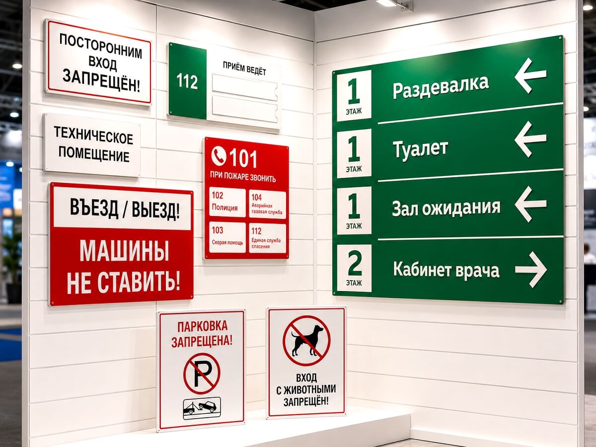 Информационные таблички и указатели на стене в офисе